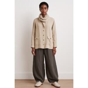 Tahari Women’s 100% Linen Collarless Long Sleeve Button-Up Shirt Beige Size XL